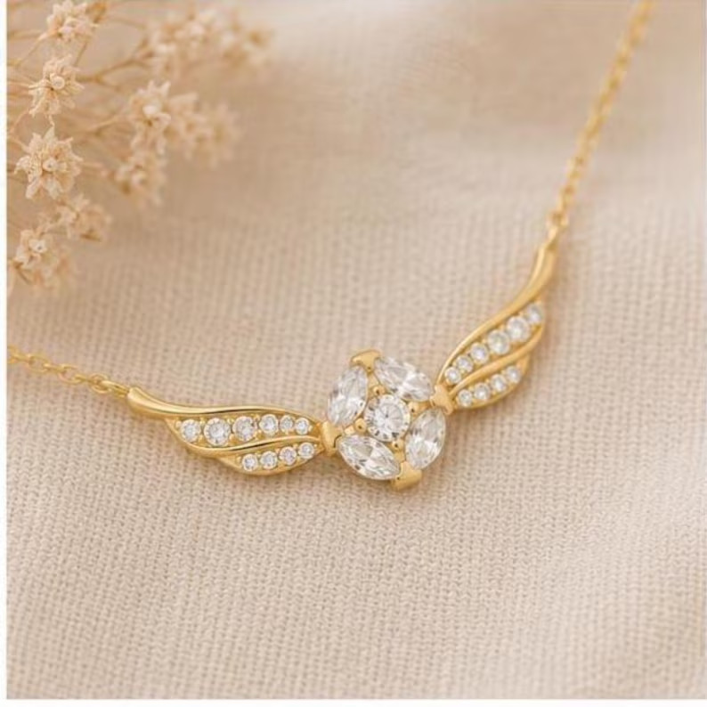 Fantasy Winged Necklace | Sterling Silver Pendant | CZ Diamonds, Gold Finish