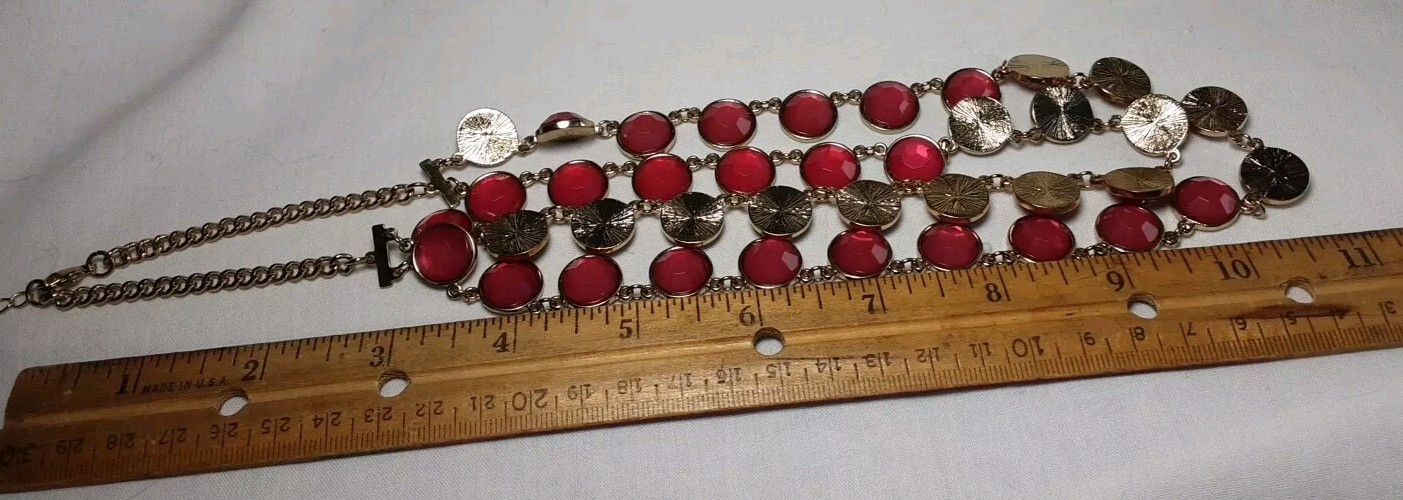 Necklace Gold Tone Red Double ( 2) Gradual Strands Faceted Disks Adj