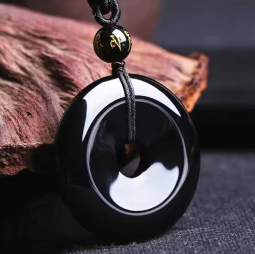 Black Obsidian Necklace 26mm Donut Pendant Guardian Amulet Adjustable Cord 18in