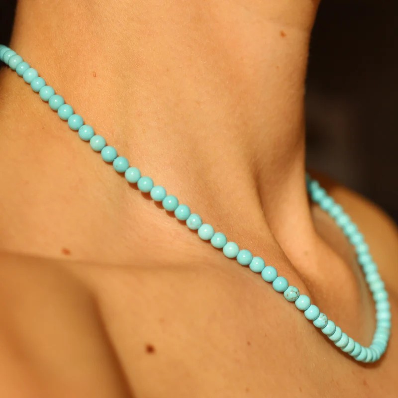 Natural Blue Turquoise Choker Dainty Necklace Round 3mm Beads Healing Gift Woman