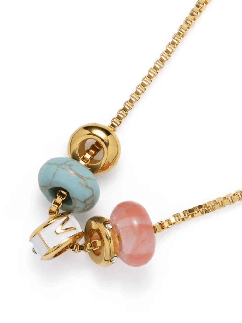V’ Gold Chain Necklace with Turquoise and Pink Bead Accents