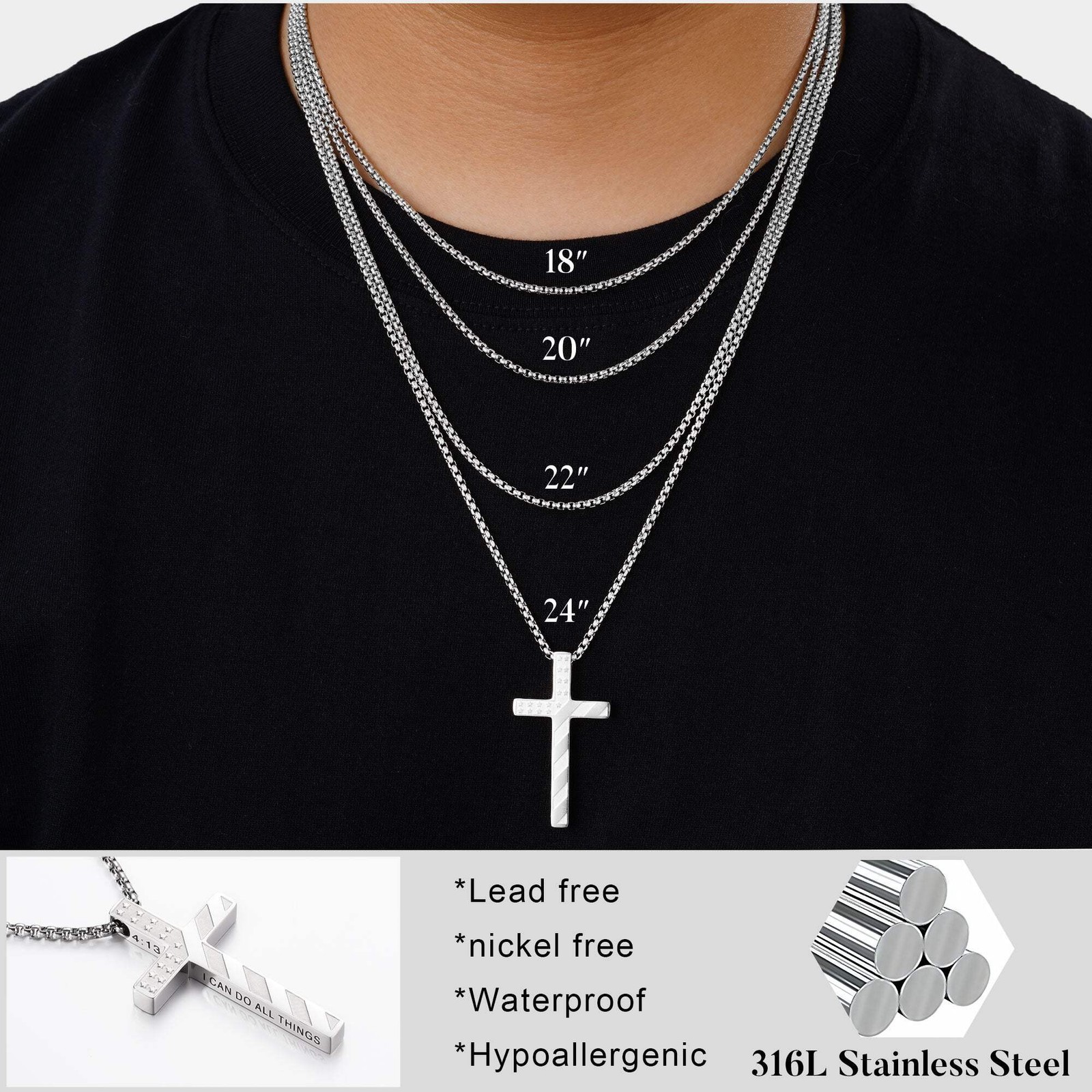 Truandoss Silver Black American Flag Cross Necklace for Men Boys, Mens Gifts