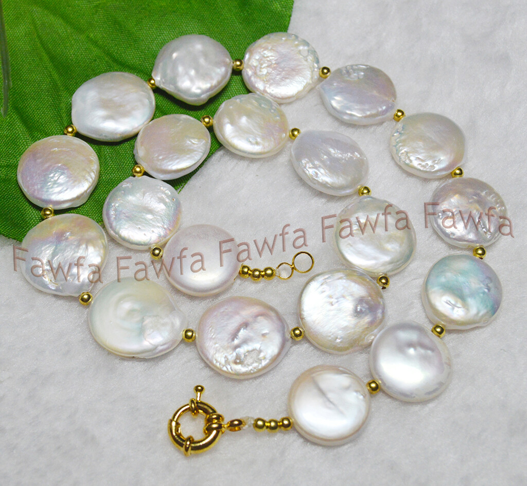 Huge 18-20mm Genuine White Freshwater Cultured Flat Coin Pearl Necklace 18”