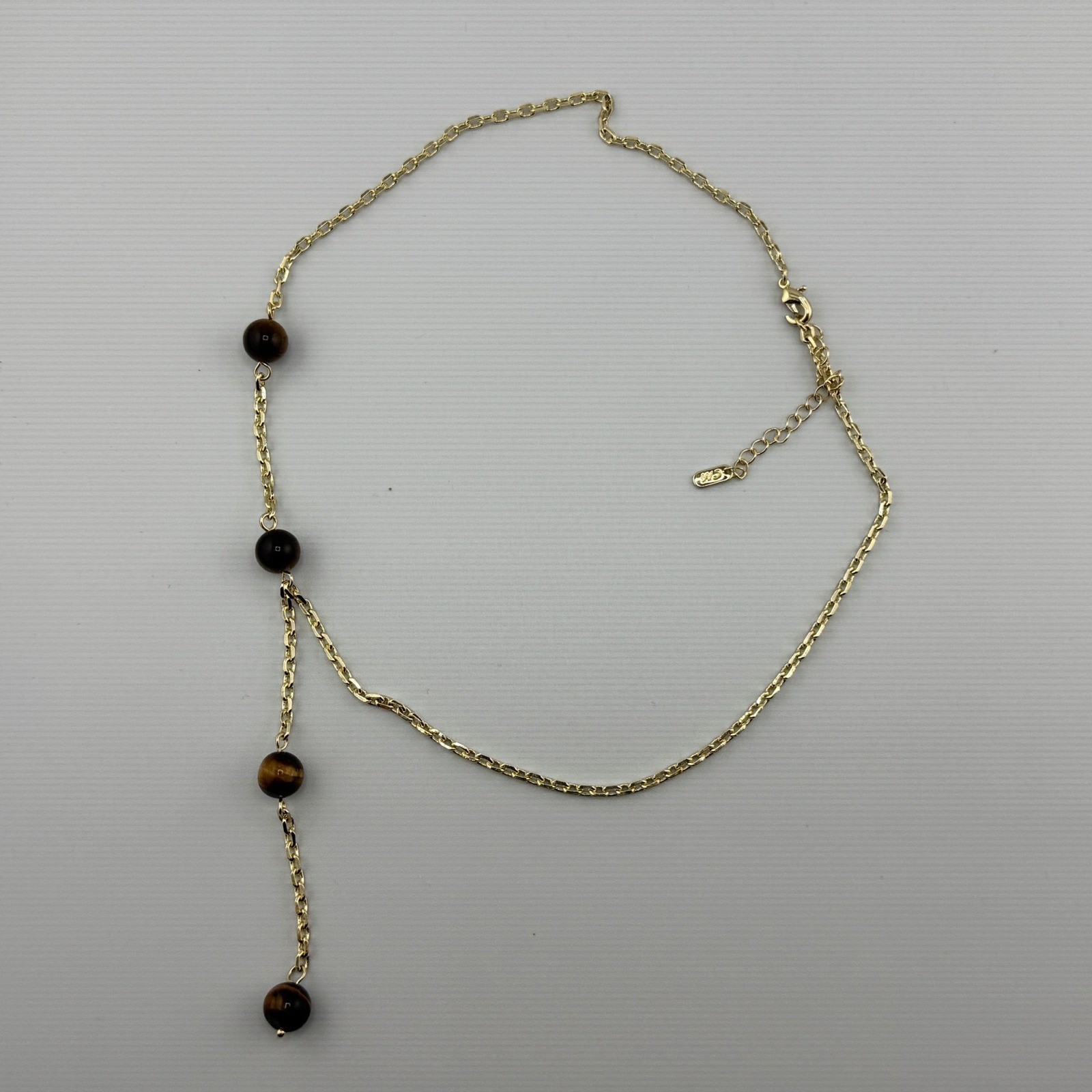 Gold Tone Tiger’s Eye Bead Lariat Y-Drop Necklace Adjustable Cable Chain