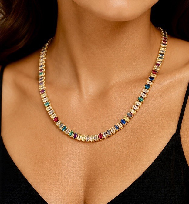 Multicolor Non-Tarnish Baguette Crystal Tennis Necklace Prong Set.