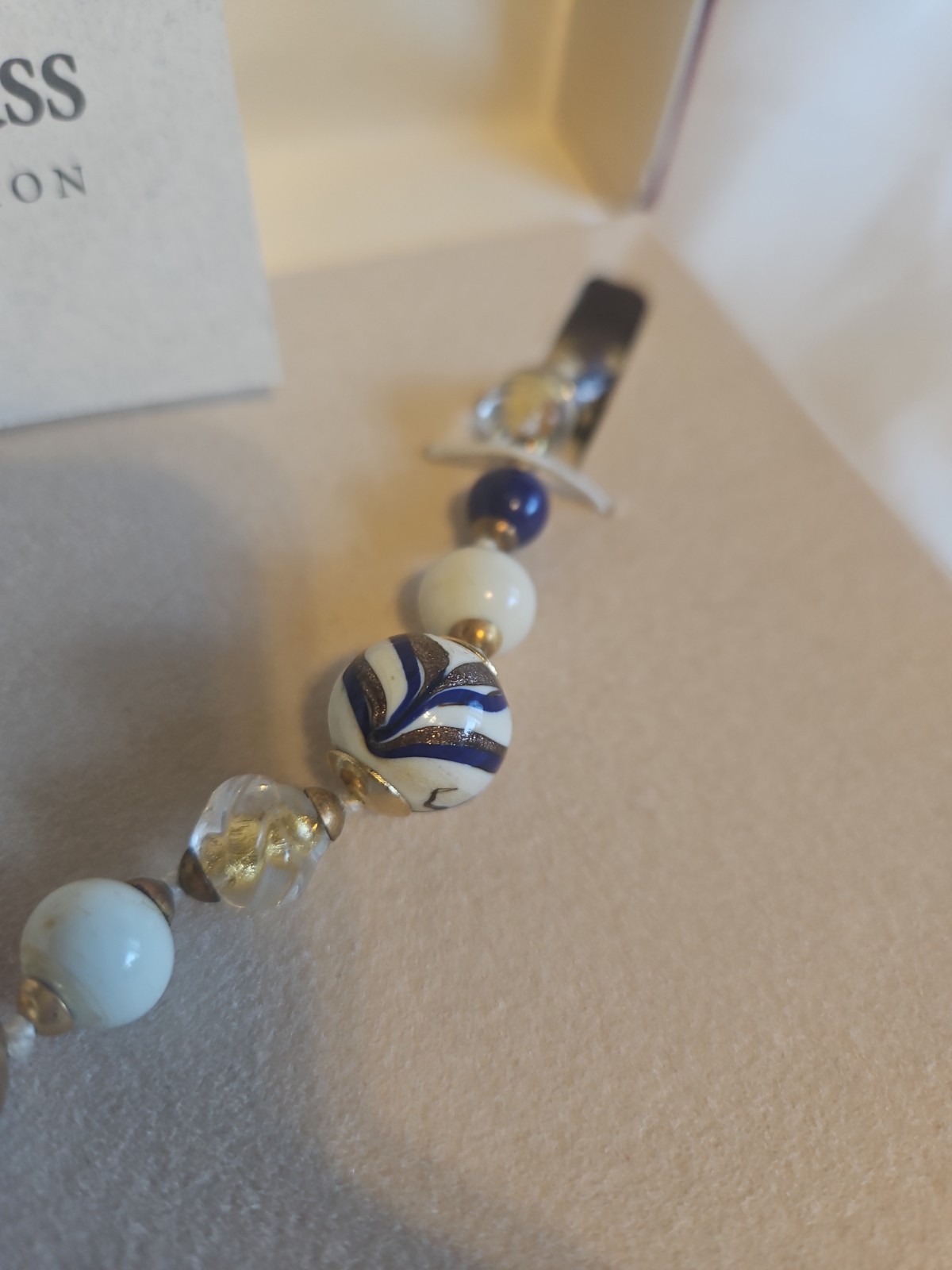 New Venetian Glass Beads NECKLACE And Earrings Navy/ Gold Handcrafted. Boxed