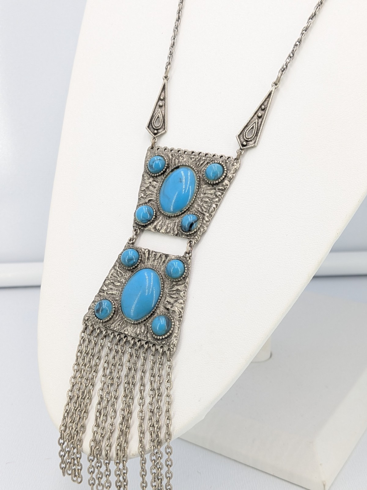 Vintage Fringe Pendant Necklace Faux Turquoise Silver Tone SW Boho 29in Tribal