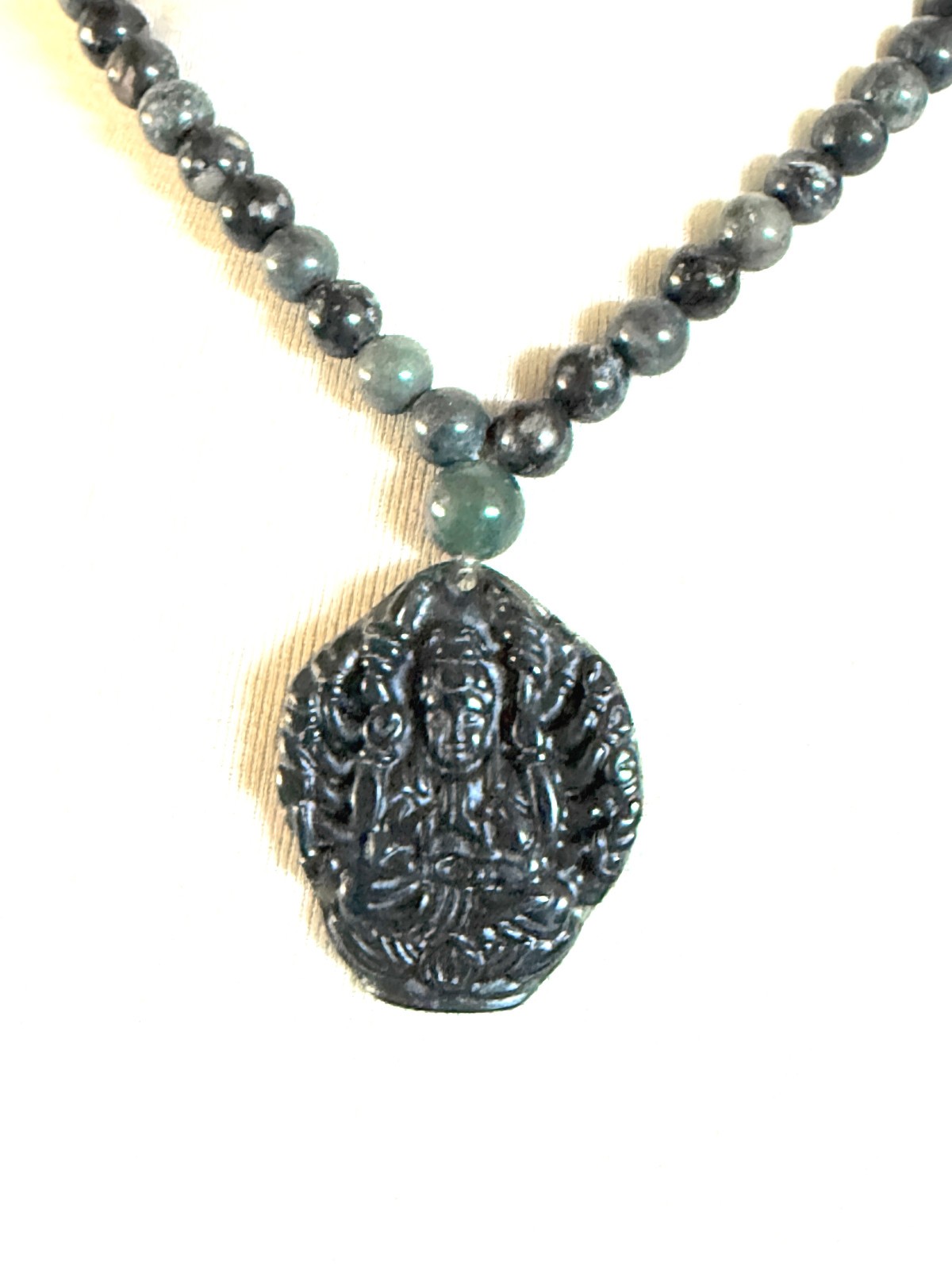 Chinese Guanyin necklace jadeite green black pendant jade unisex beaded China