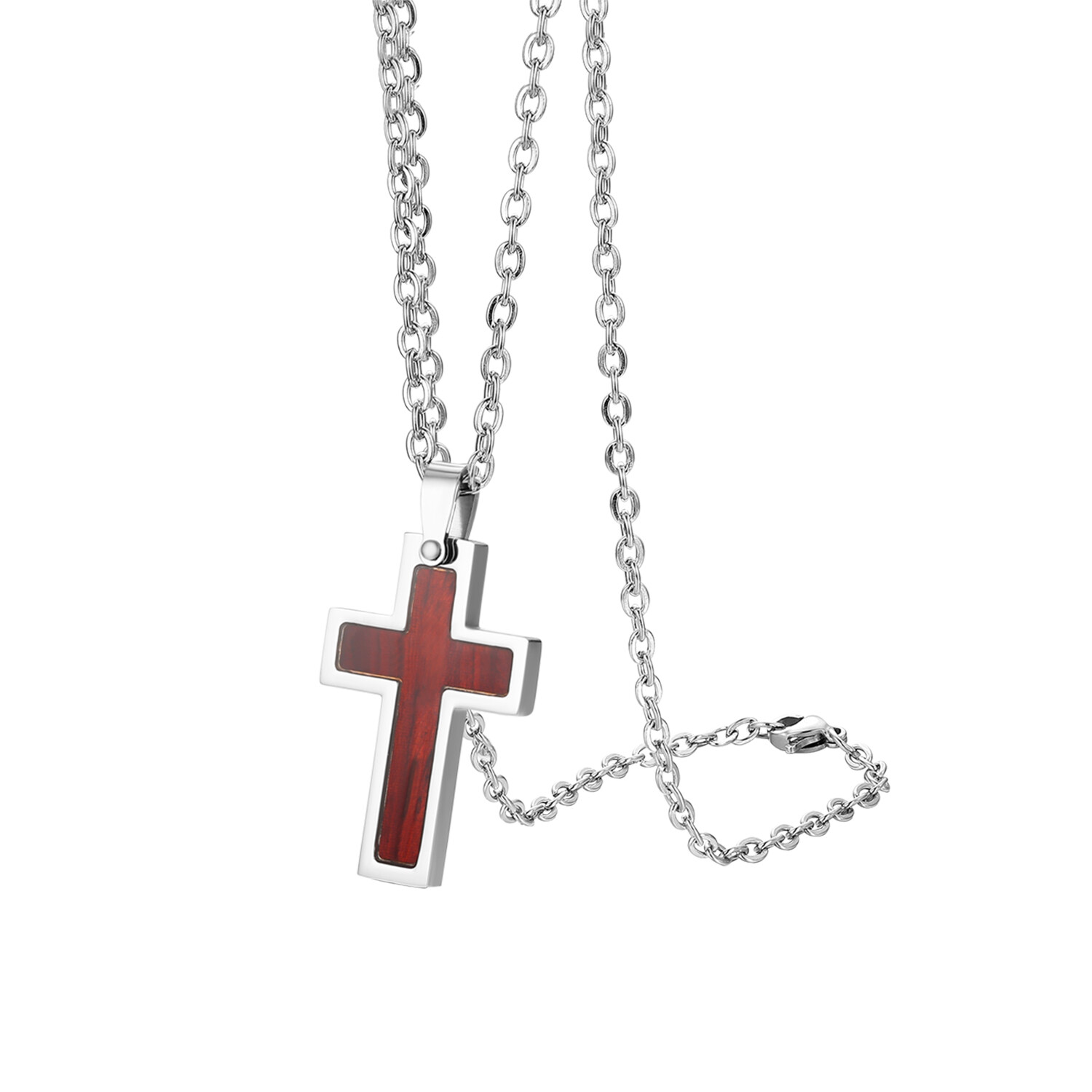 Men Women Stainless Steel Wooden Cross Pendant Chain Necklace Religious Prayer