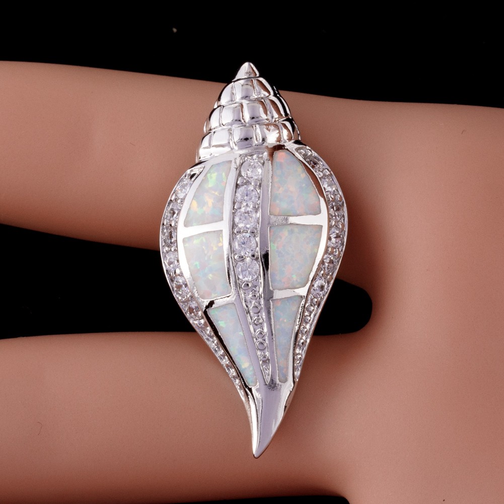 Conch Seashell White Fire Opal Silver Jewelry Necklace Pendant
