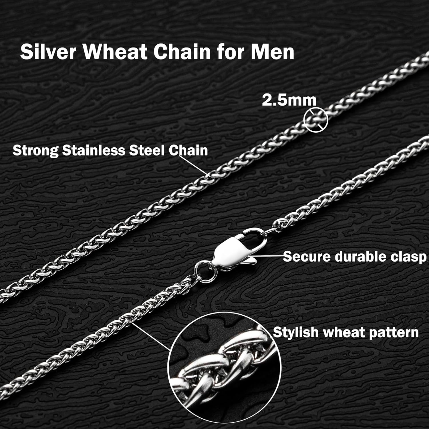 Silver Stainless Steel Wheat Chain Necklace Men Jewelry 2.5mm3mm4mm