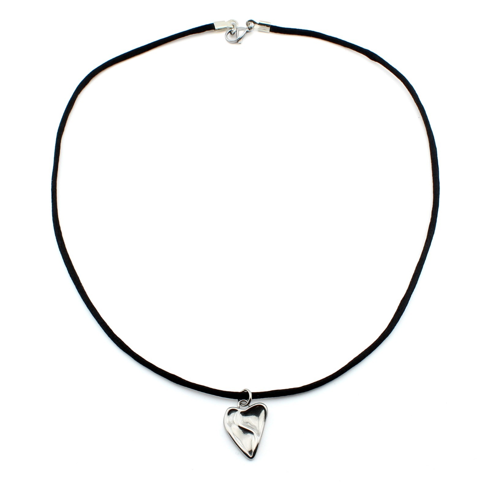 Silver Heart Pendant Necklace Black Satin Silk Cord Stainless Steel Jewelry