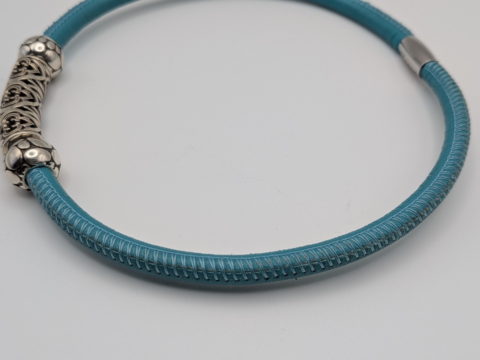 Brighton Faux Turquoise Leather Silver Beads Choker Necklace 15.5 Inches