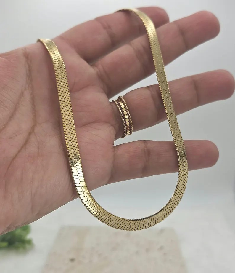 Gold Herringbone Necklace, 5mm Thick, 14k Gold Plated, No Fade, Water Proof