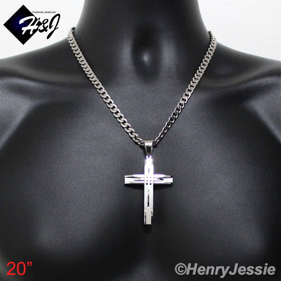 18-40″MEN’s Stainless Steel 6mm Silver Cuban Curb Chain Necklace Cross Pendant*A