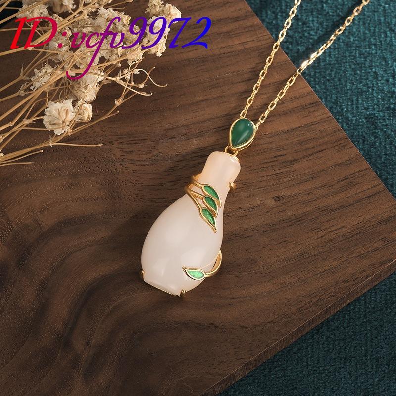 White Natural Jade Vase Pendant Necklace Real Jewelry 18K Gold Plated Designer