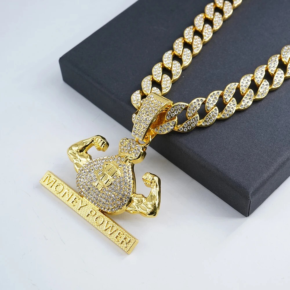 HipHop MONEY POWER Pendant Necklace Chain CZ Iced Fashion Punk Men Women Jewelry
