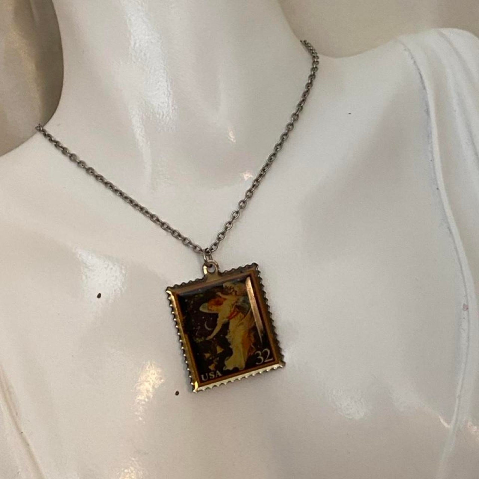 Vintage USPS Love Cherub Angel Stamp Pendant Necklace 32¢ Stainless Steel Chain