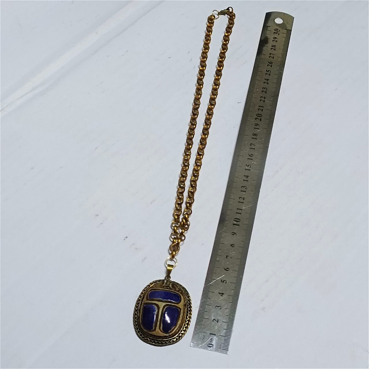 Vintage Brass Scarab Pendant Necklace Blue Inlay Classic Egyptian Style Jewelry