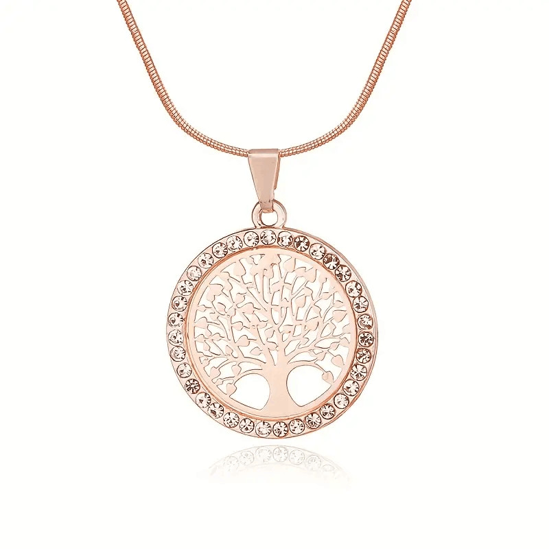 Rose Golden Tree of Life Round Hollow Rhinestone Necklace Pendant Jewelry Women