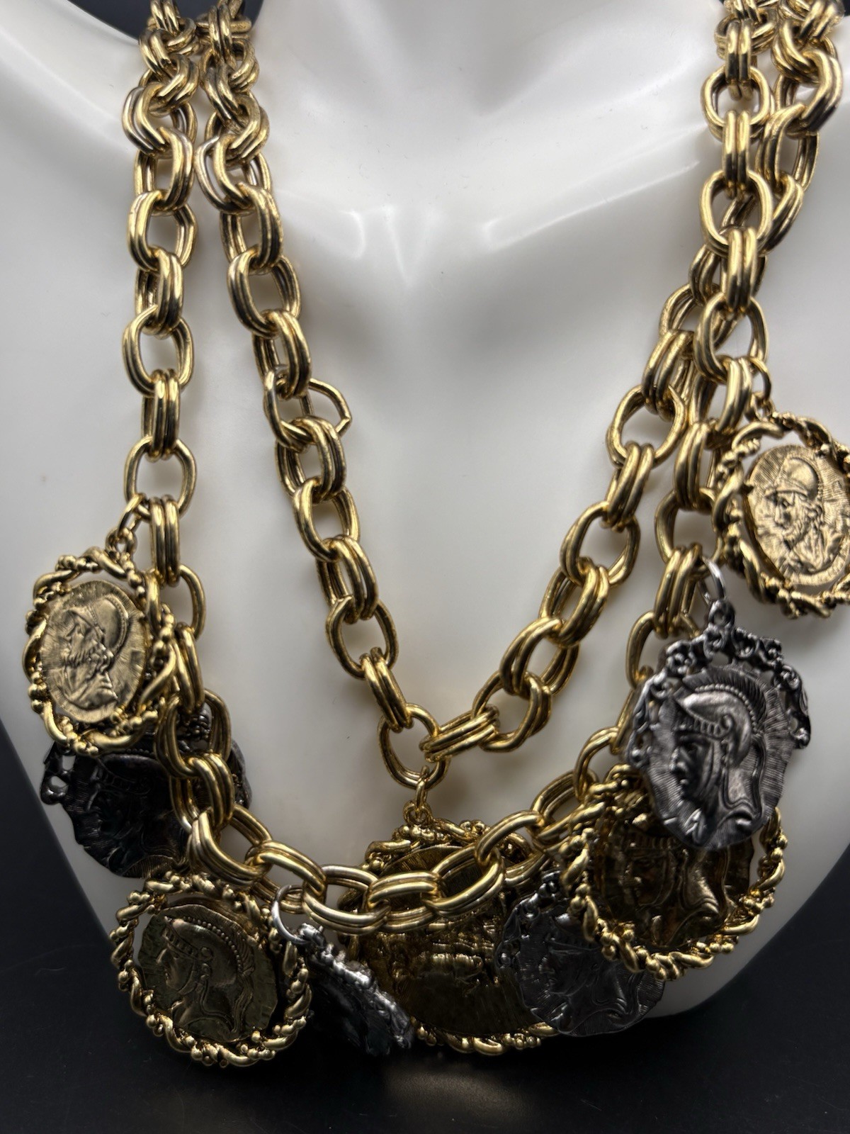 coin charm necklace Earrings Set Layered Two Tone Roman Greek Soldier Medallion