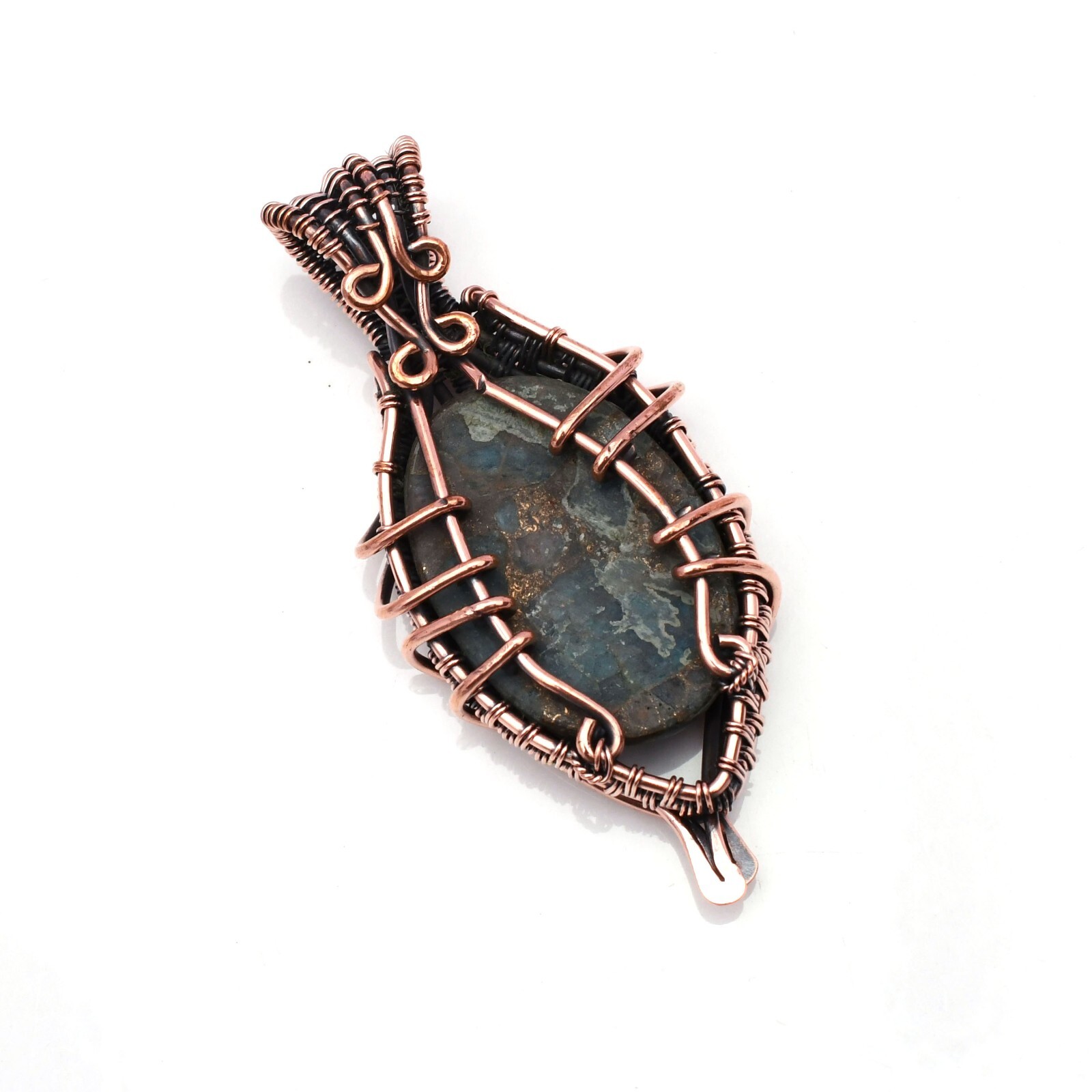 Copper Neon Apatite Pendant Copper Wire Wrapped Handmade Jewelry Pendant 2.15″