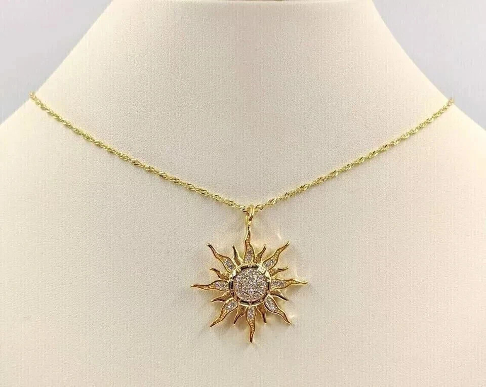 Women’s 14k Yellow Gold Plated 1.50Ct Round Simulated Diamond Sun Pendant Chain