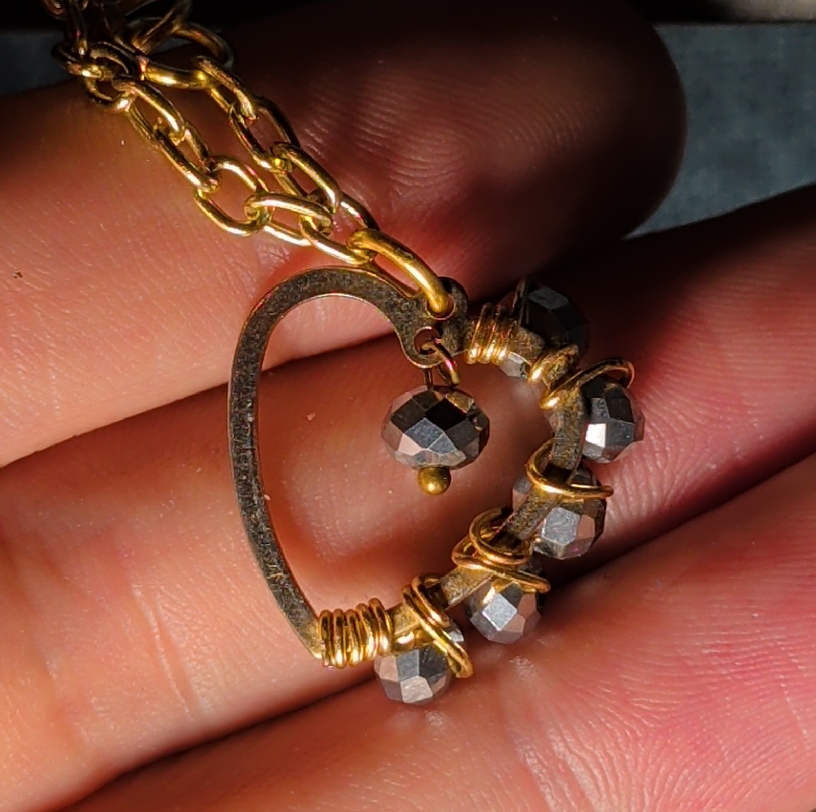 Wire Wrapped Heart Bracelet Gold Tone Hematite Bead Boho