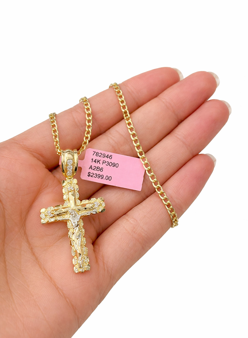 REAL 14k Cuban Curb Link Necklace Chain Nugget Cross 2.5mm 16 inches Ladies