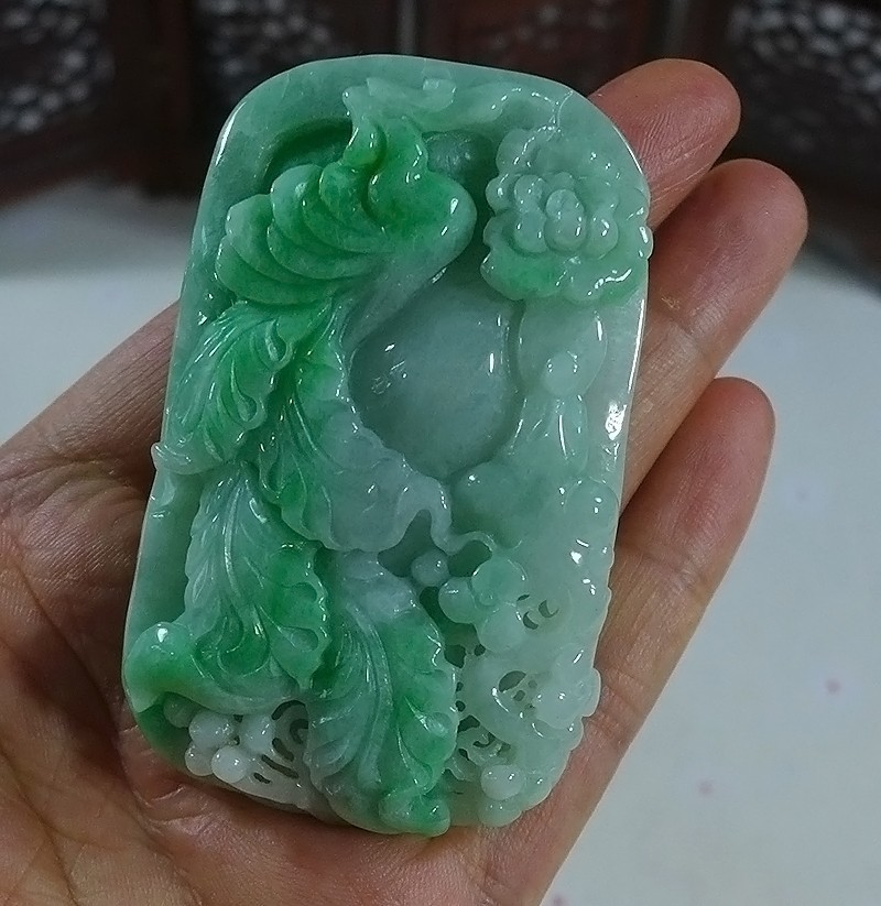 Cer’d Natural Type A Green Jadeite Jade Phoenix Kwan-yin Flower Pendant 8649