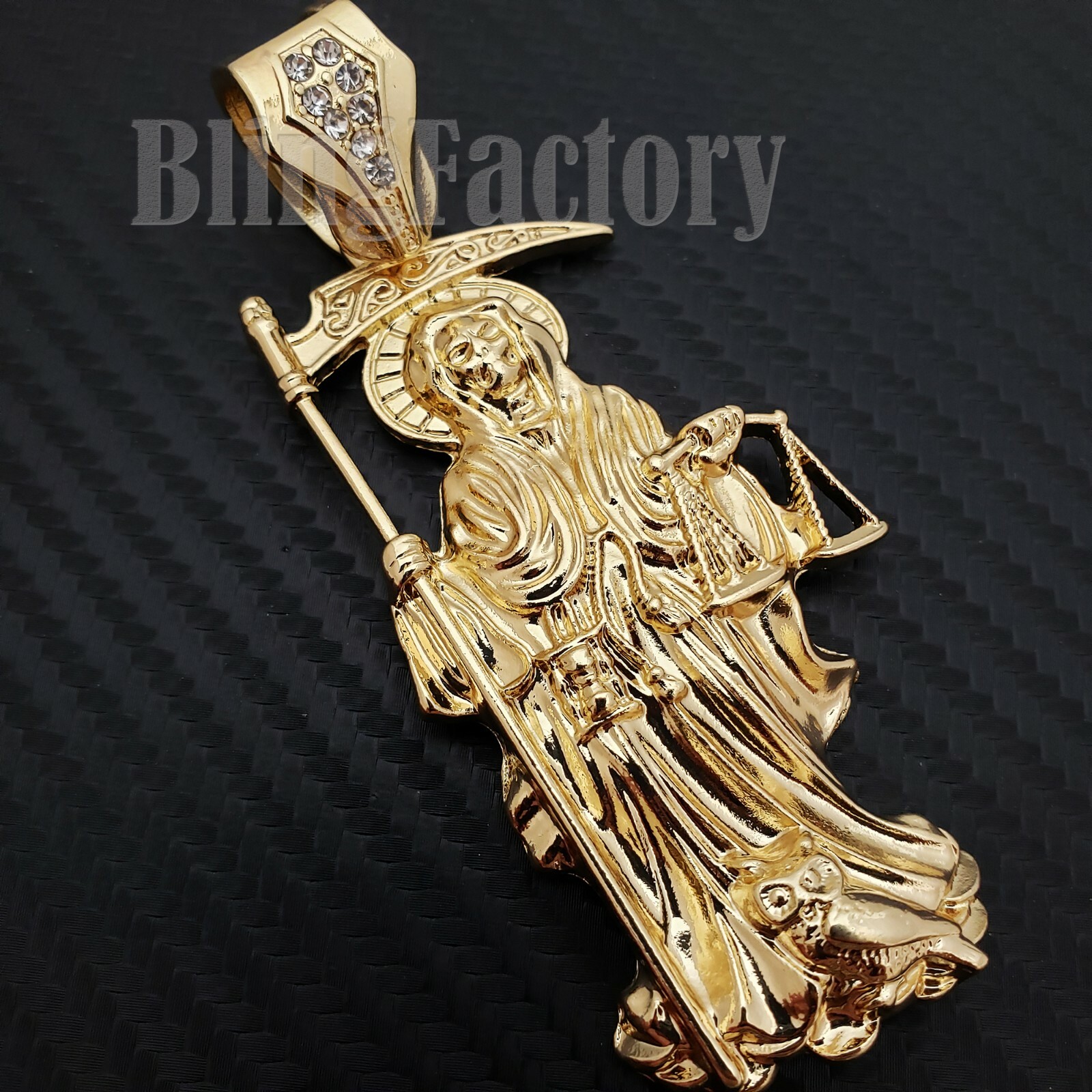 HIP HOP GOLD PLATED ALLOY CUBIC ZIRCONIA SAINT DEATH SANTA MUERTE CHARM PENDANT