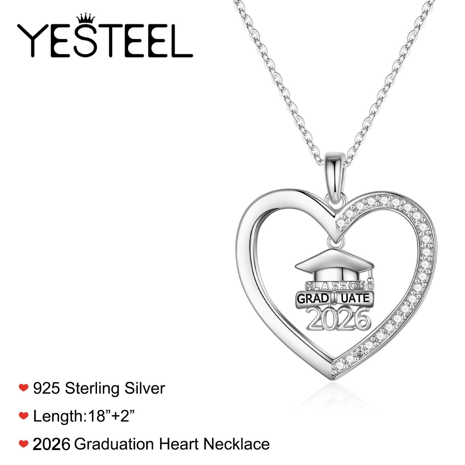 2026 Graduation Heart Necklace – S925 Sterling Silver Gift for Women & Friends