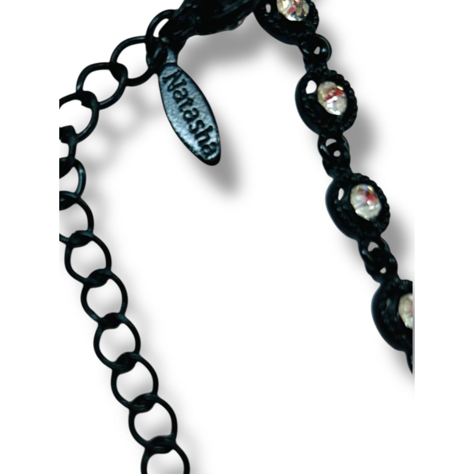 Natasha Bib Necklace Black Chain Clear Beads Sparkly 16-19″