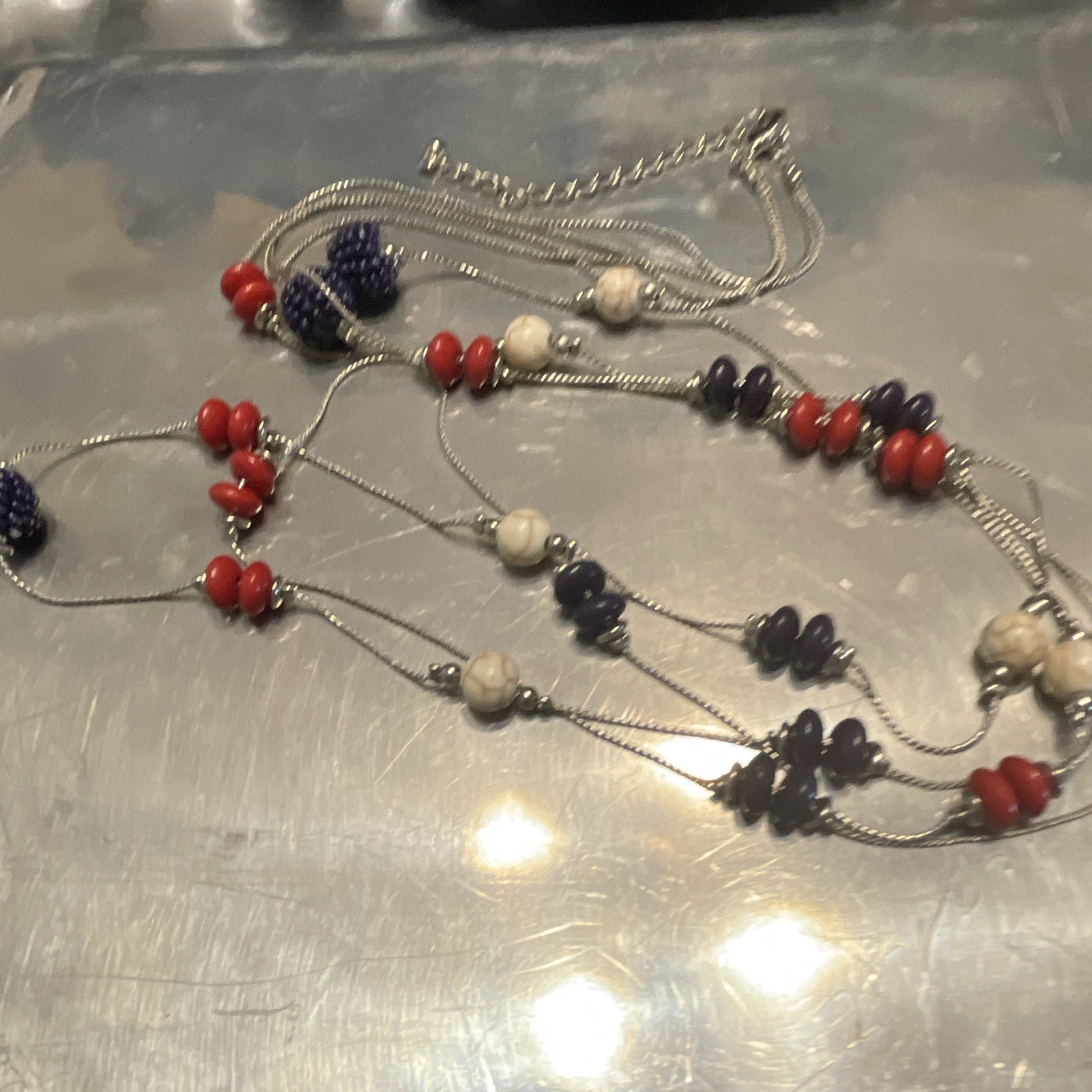 Red Round Beaded Necklace Silver Tone Metal Chain Beads Beaded Chain Style