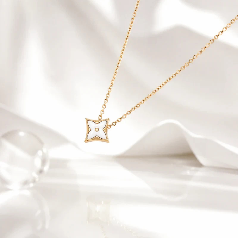 White Enamel Star Pendant Necklace 18K Gold Plated Four Point Clover