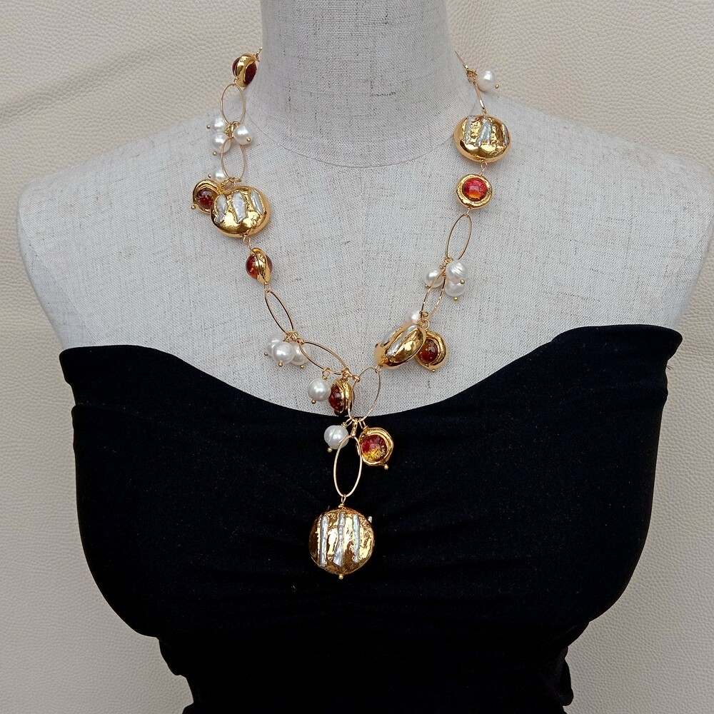 21″ Cultured White Biwa Pearl Brown Murano Glass Chain Pearl Y-Drop Necklace