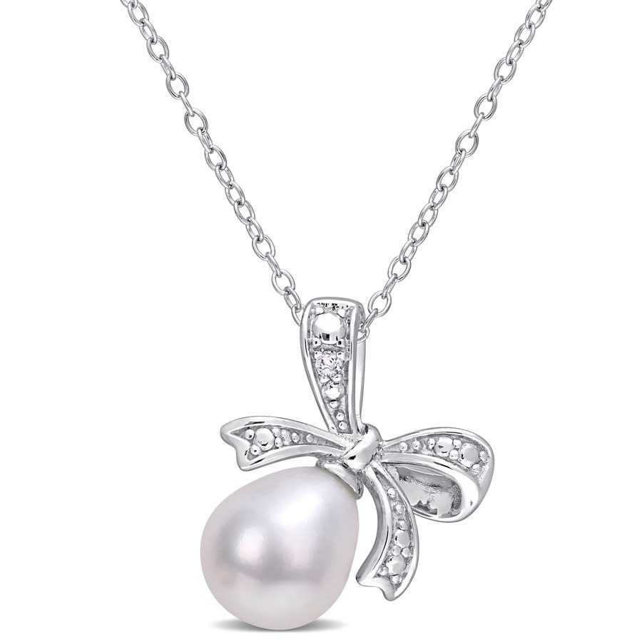 AMOUR 8.5-9mm Freshwater Cultured Pearl and Diamond Accent Bow Pendant with
