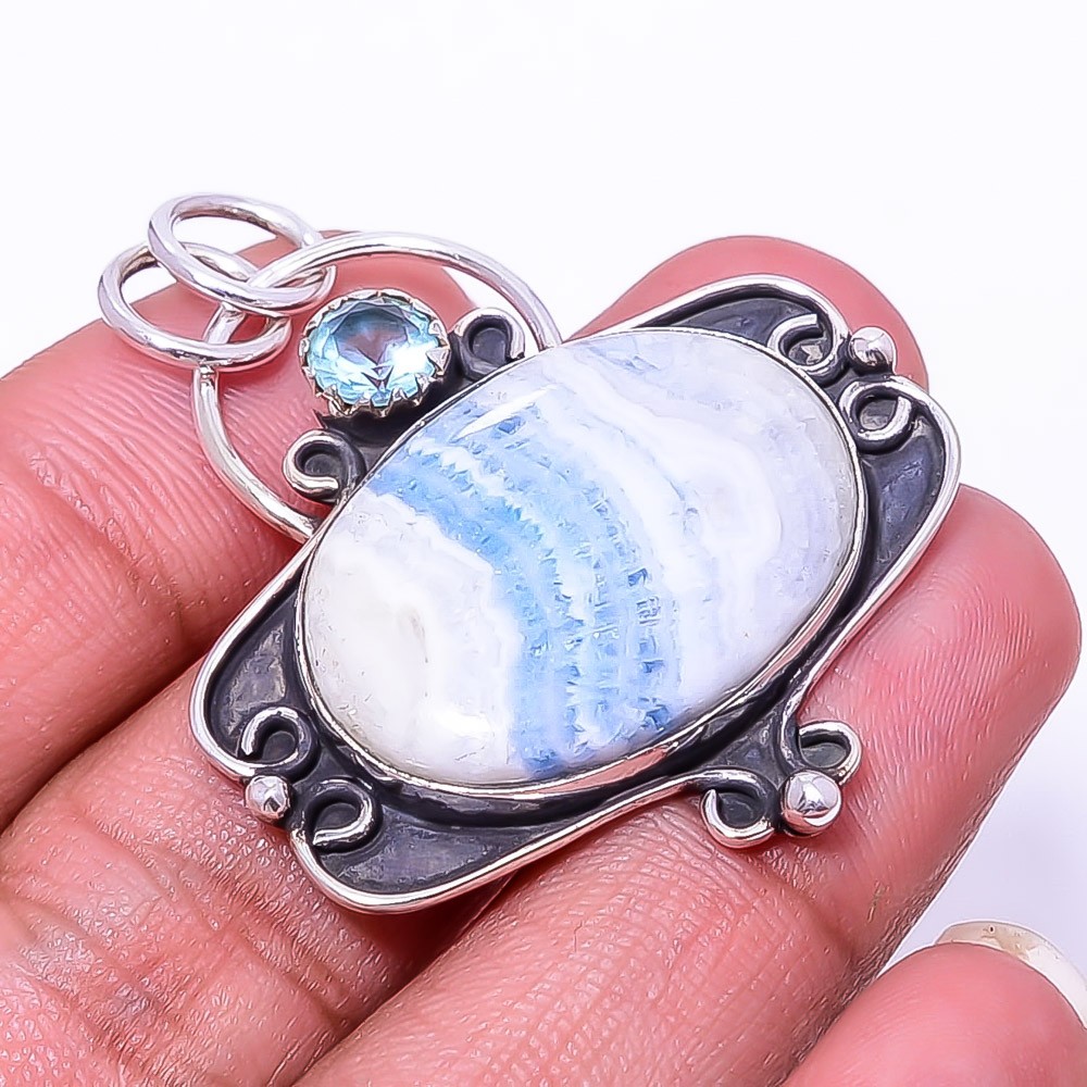 Blue Scheelite – Turkey & Aquamarine 925 Sterling Silver Pendant 1.72″ P12