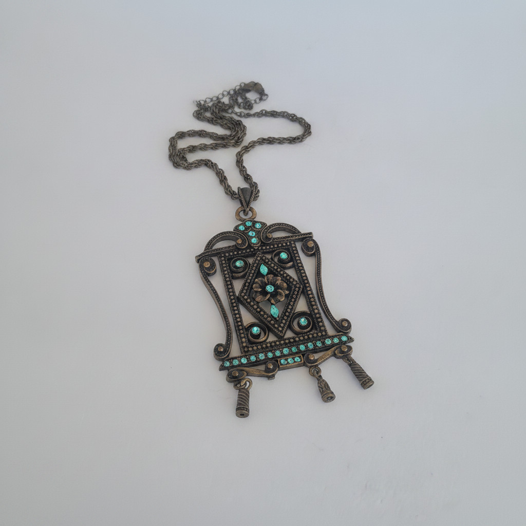 Vintage Women’s Large Chain Necklace Antique Bronze Turquoise Rhinestone Ornate