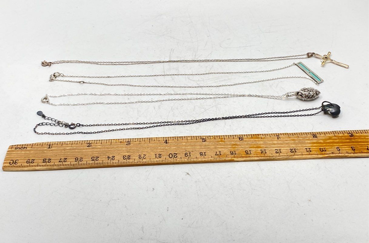 Sterling Silver 925 Necklace Lot 4 Pieces Cross Marquise Pearl Bar 15-18″
