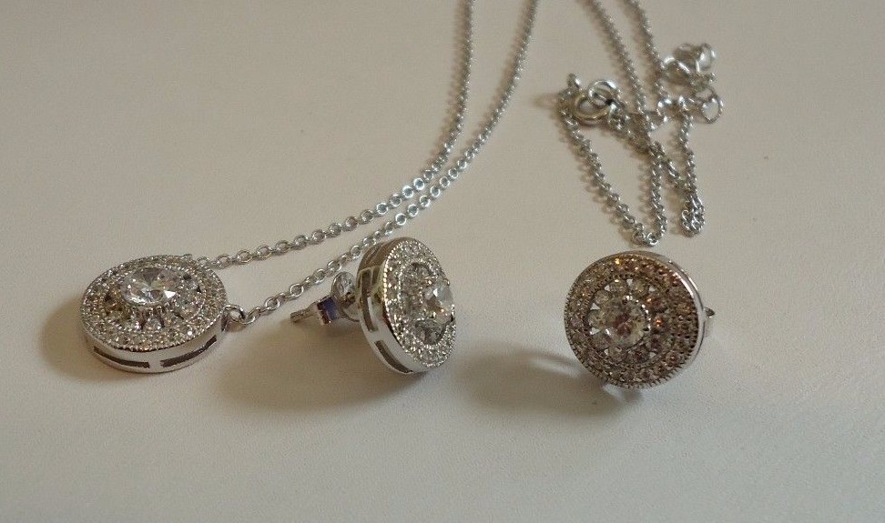 STERLING SILVER ROUND DESIGNERS NECKLACE &EARRING SET 3 CT LAB CREATED DIAMONDS
