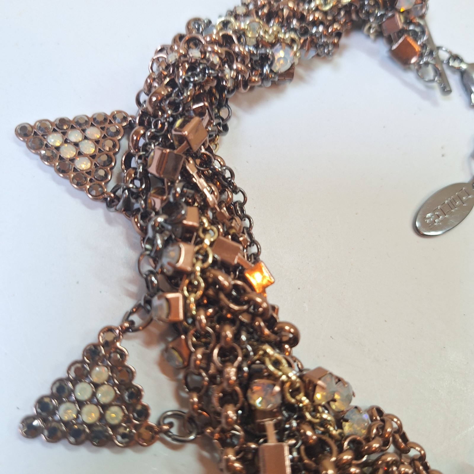 Chico’s Bronze Crystal Chain Fringe Statement Necklace Boho Glam Bib Collar