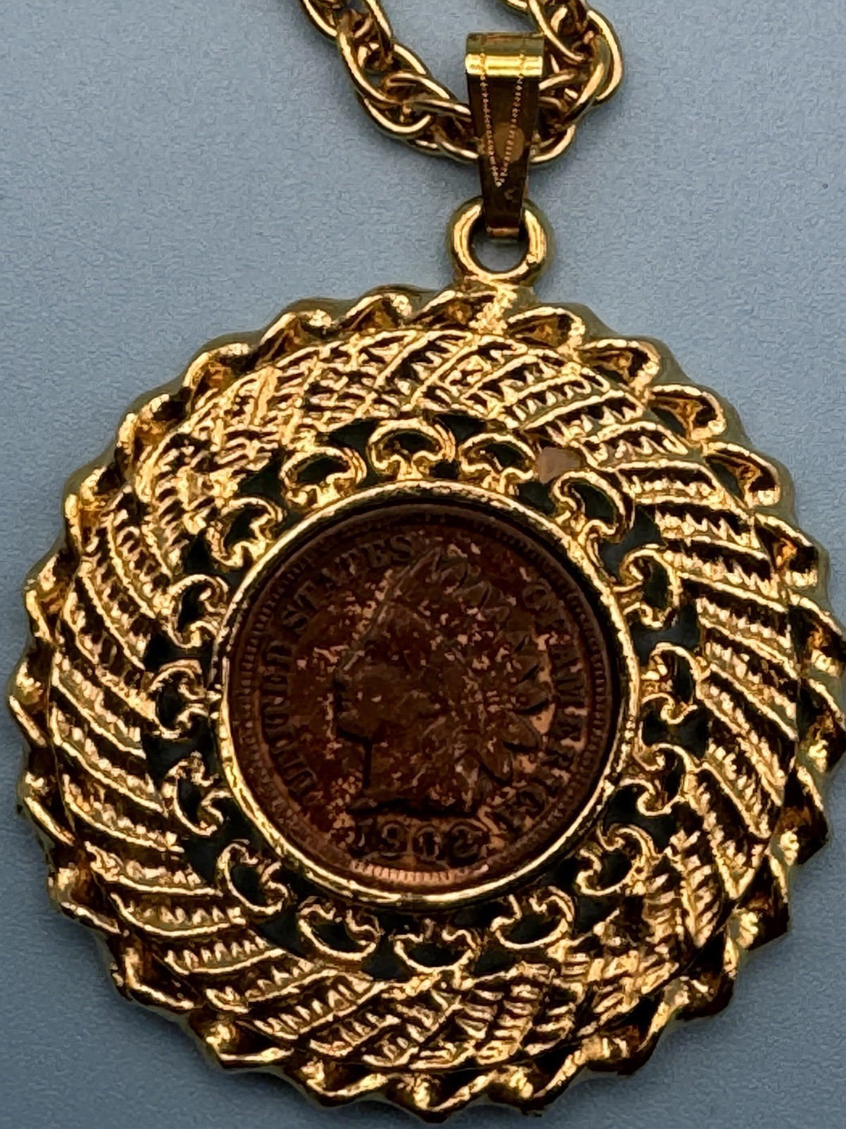 Gold Plated Indian Head Penny Coin 1902 mounted on medallion Necklace