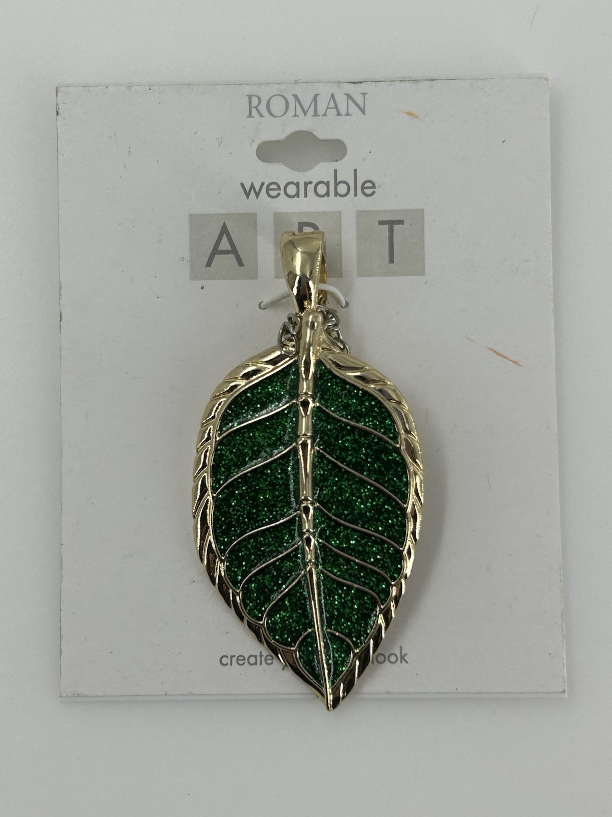 Roman Wearable Art Pendant Green Glitter Enamel Gold Tone 3 Inch