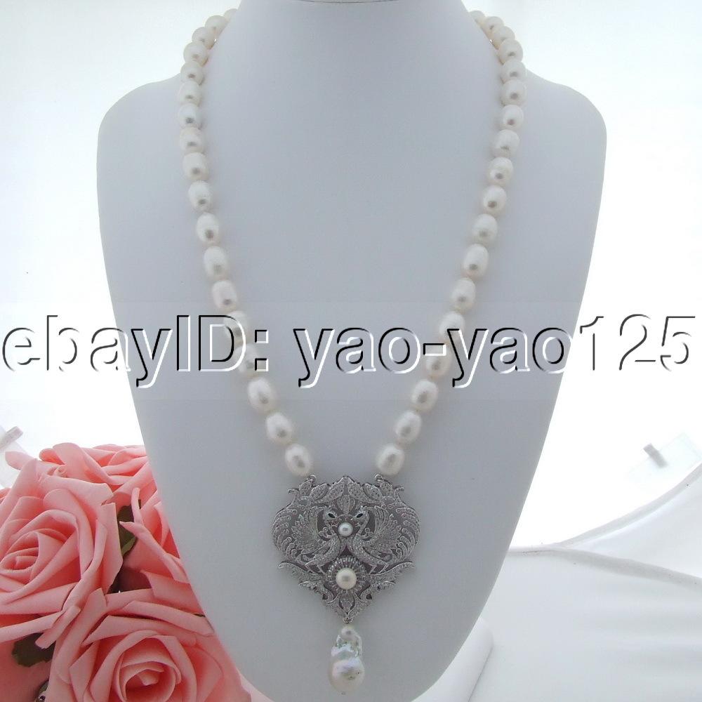 24” 14x26MM Freshwater Cultured White Rice Pearl Necklace CZ Pendant