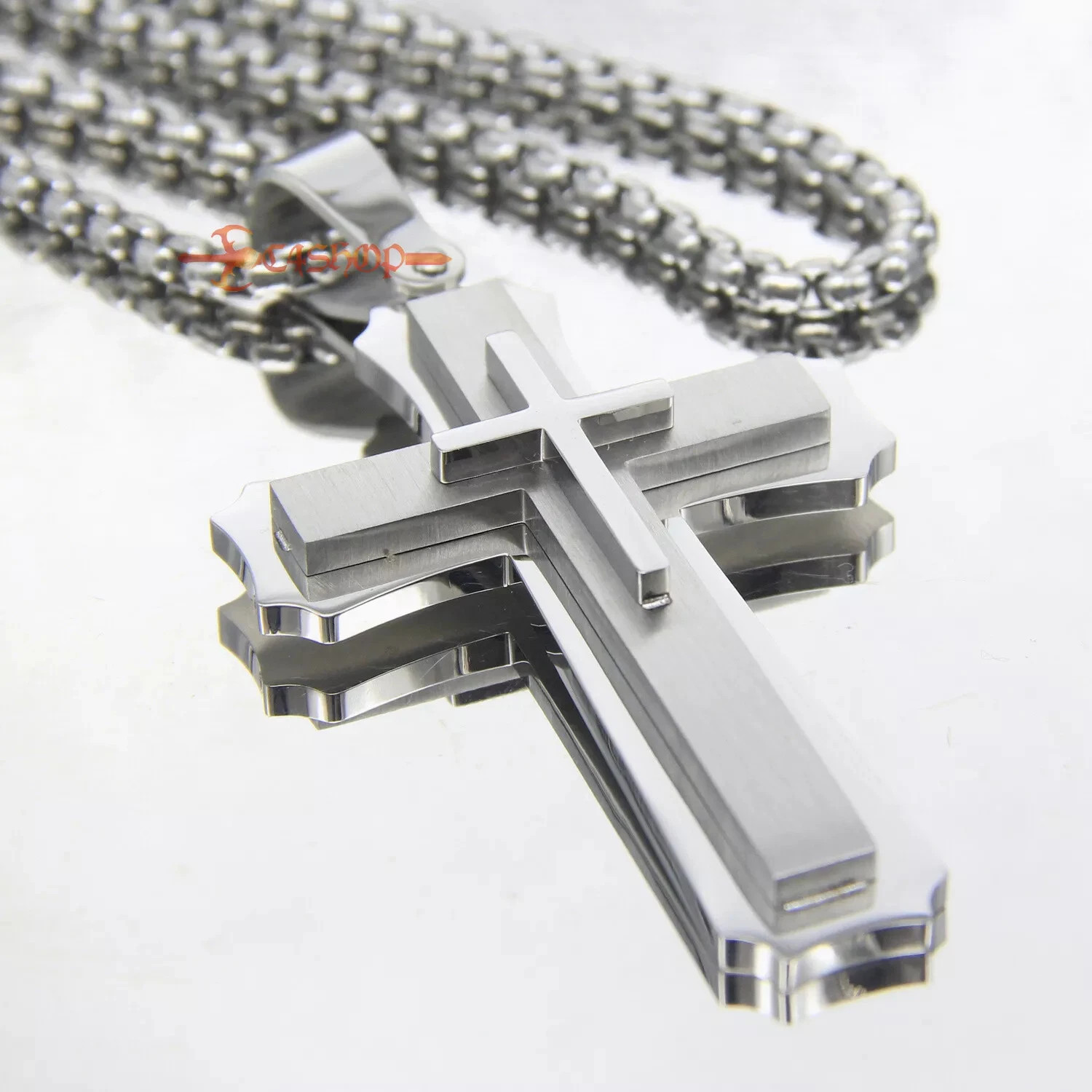 Huge Stainless Cross Men’s Necklace Pendant Heavy Large Silver Polished 3 Layer