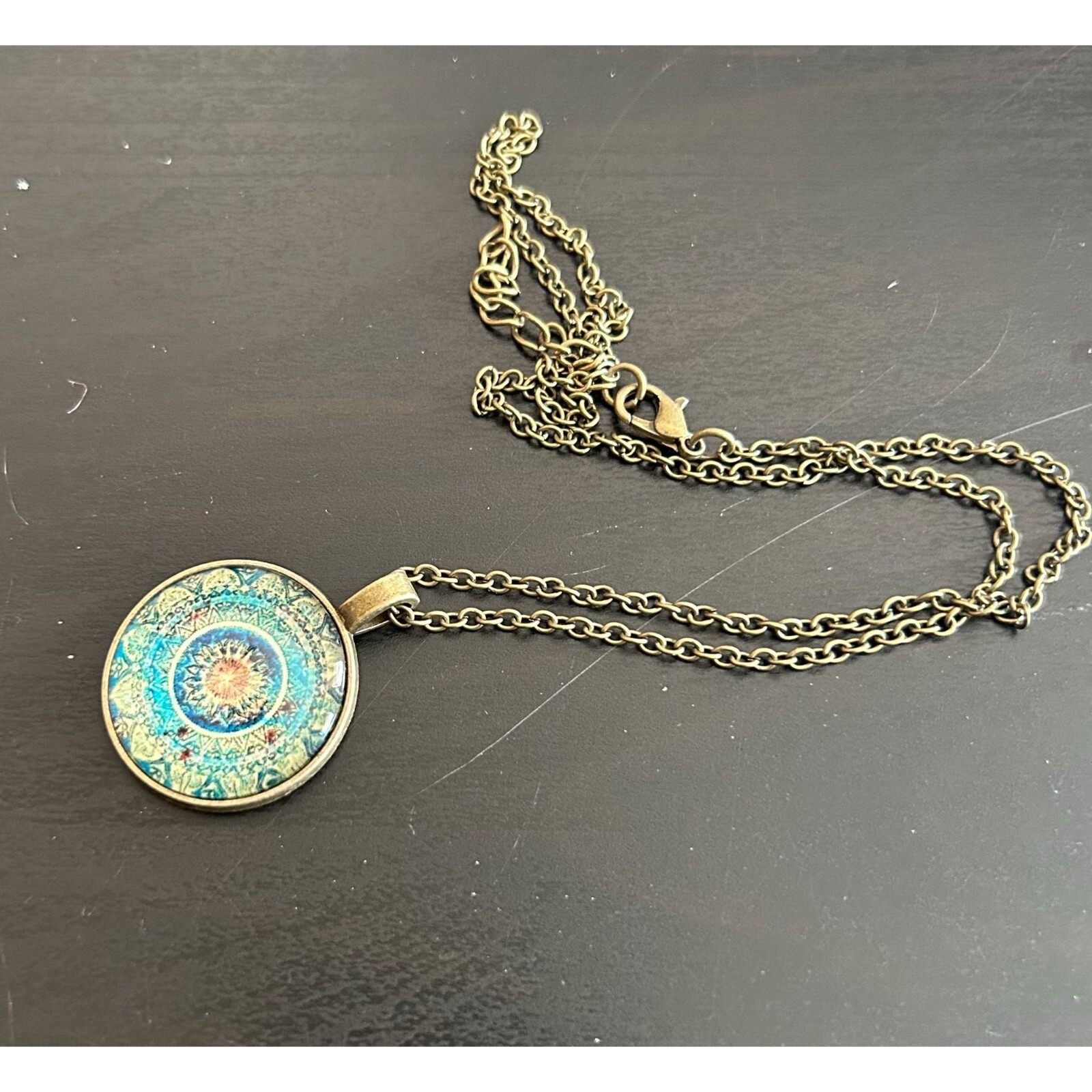 Kaleidoscope Pendant Chain Necklace Gold Tone Indian Mandala Om Hippy Buddhist