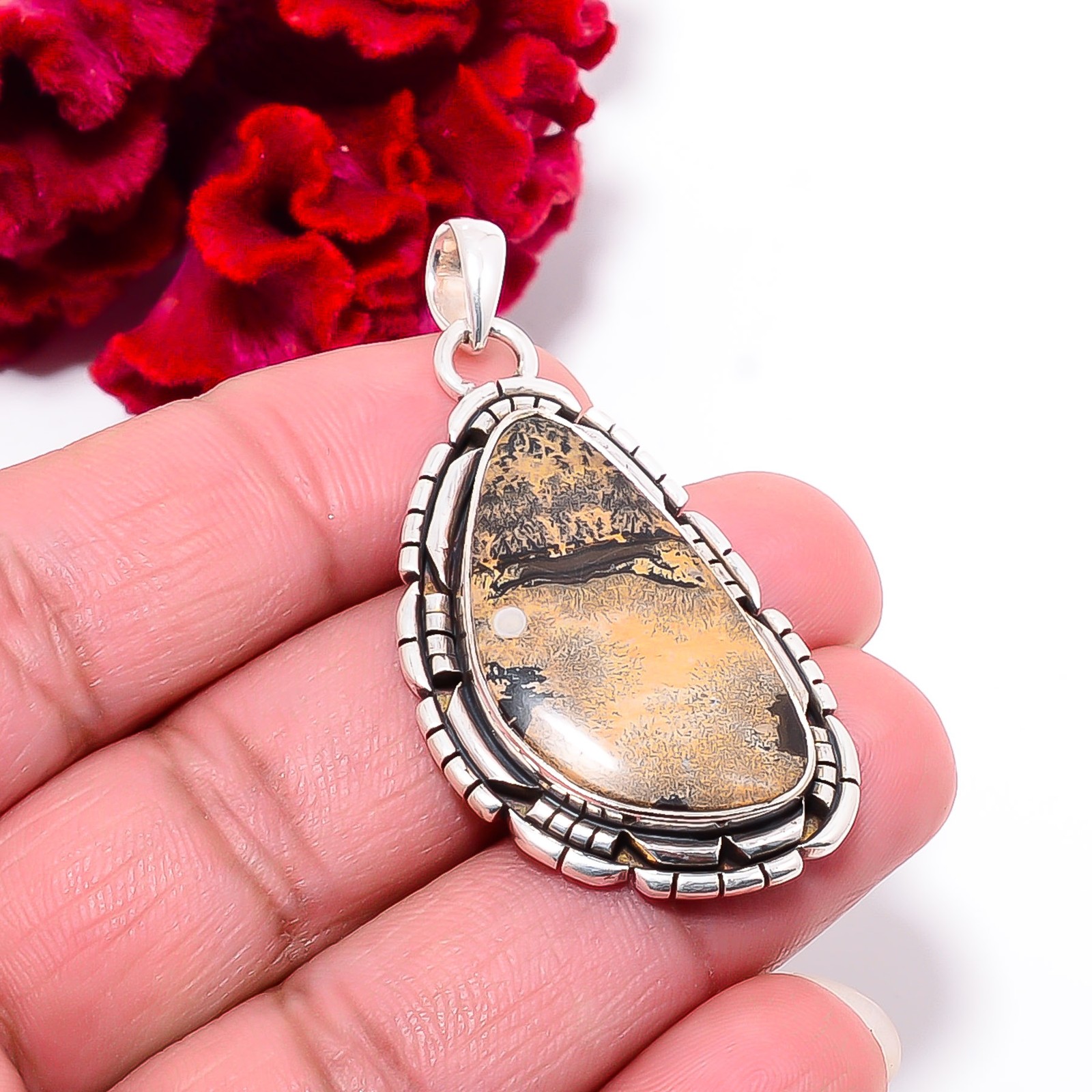 Honey Dendritic Opal – Mexico 925 Sterling Silver Pendant 2.03″ P102143