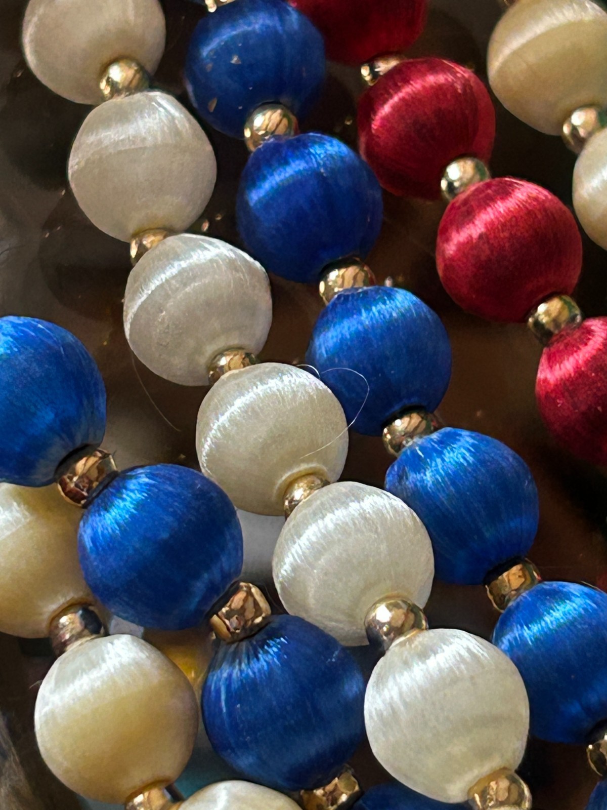 4 Vintage Cream RED WHITE & BLUE Silk Satin Thread Beaded Necklaces 4Th of July