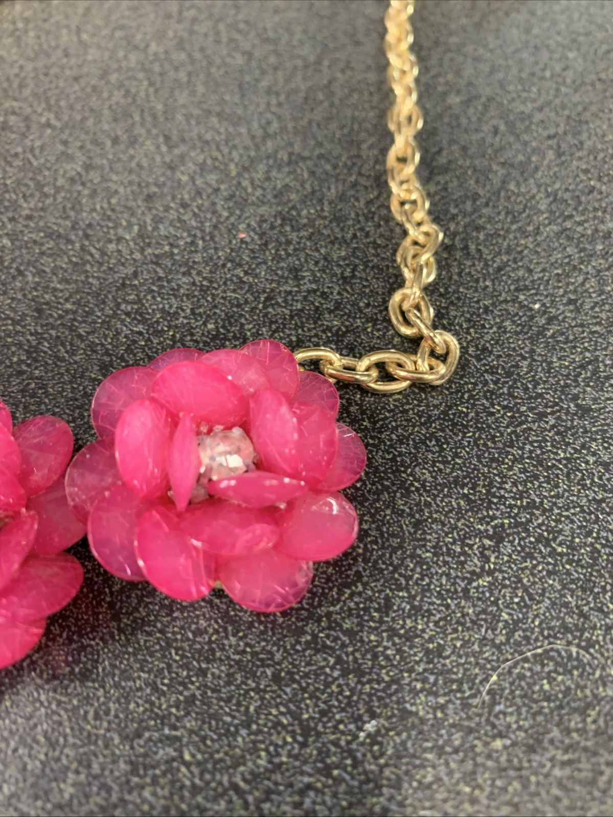 Womans Floral Necklace Pink Fuchsia Flowers and Clear Stones Gold Tone